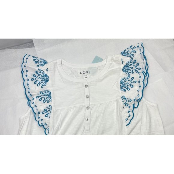 LOFT Women Petite Eyelet Flutter Henley Mixed Media Top L - Picture 13 of 14